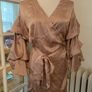 Champagne colored silk wrap top with voluminous sleeves